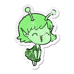distressed sticker of a cartoon alien girl laughing