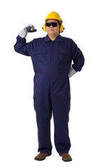Full body portrait of a worker in Mechanic Jumpsuit isolated on white background