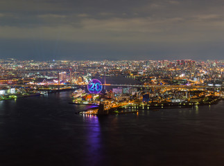 Osaka cityscape beautiful night view of Osaka Bay in Japan. view from cosmo tower.