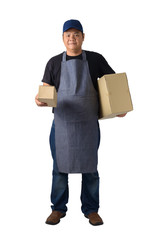 delivery man in Black shirt and apron is holding boxes isolated