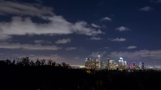 Downtown Los Angeles Skyline at Night with Clouds Timelapse