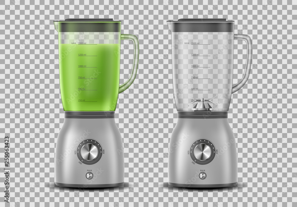 Wall mural set of realistic juicer blender. kitchen blender with organic green vegetable juice and empty, drink