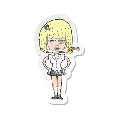 retro distressed sticker of a cartoon woman with knife between teeth