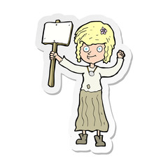 sticker of a cartoon hippie girl with protest sign