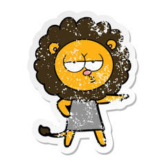 distressed sticker of a cartoon bored lion