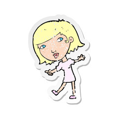 retro distressed sticker of a cartoon happy girl gesturing to follow