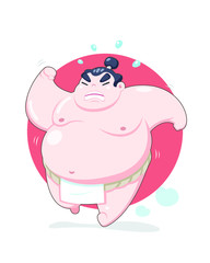 Cute style tired chubby sumo running with red circle background illustration