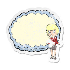 retro distressed sticker of a woman with text space cloud