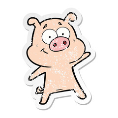 distressed sticker of a happy cartoon pig