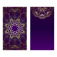 Ethnic Mandala Ornament. Templates With Mandalas. Vector Illustration For Congratulation Or Invitation. The Front And Rear Side. Luxury, purple godl color