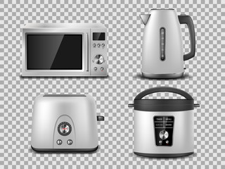Kitchen appliances template. Realistic silver microwave, kettle, oven, juicer, toaster, multicooker silver mockup. Set of household appliance vector illustration.