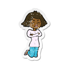 retro distressed sticker of a cartoon annoyed woman