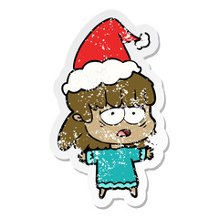 distressed sticker cartoon of a tired woman wearing santa hat