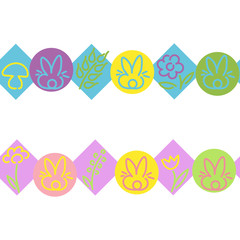 Seamless Borders. Cute rabbits, flowers, circles, diamonds. Design for children's clothing, ribbons, postcards. Vector.