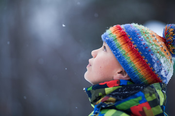 Portrait of a beautiful boy, a child catches me with a snowflake