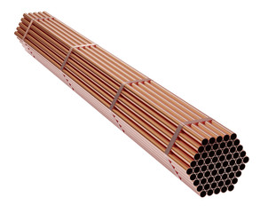 Stack of copper pipes, isolated on white background with clipping path. 3d illustration. 