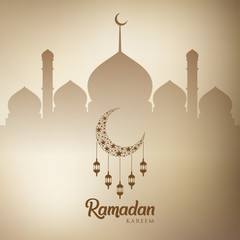 Ramadan kareem background, illustration with arabic lanterns, crescent moon and mosque dome. EPS 10 contains transparency - vector