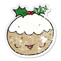 distressed sticker of a cute cartoon christmas pudding