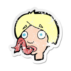 retro distressed sticker of a cartoon head sticking out tongue