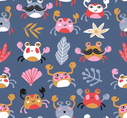 Bright baby fabric design with crabs and sea plants. Sea repeated print for kids design. Vector seamless pattern.