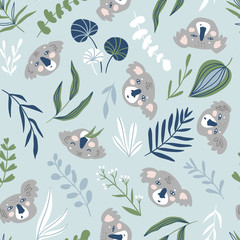Vector hand-drawn seamless pattern with animals. Repeating background. Koala.
