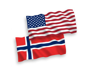 National vector fabric wave flags of Norway and America isolated on white background. 1 to 2 proportion.