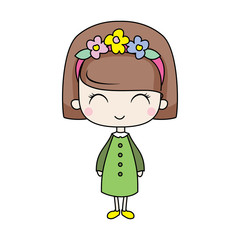 Kawaii girl in a green dress with flowers in her hair isolated on white background. Cute funny character. Vector illustration in cartoon simple style.