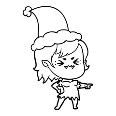 annoyed line drawing of a vampire girl wearing santa hat