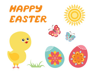 Happy easter greeting card. Cute chicken, easter eggs, butterflies and sunshine isolated on white background. Vector illustration of funny cartoon character in simple flat style.