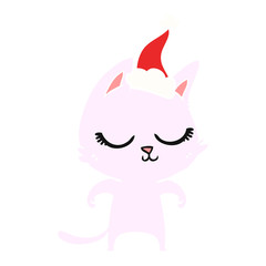 calm flat color illustration of a cat wearing santa hat