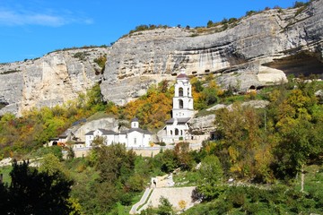 View of one of the temples in the Bakhchisaray Cave Monastery, also known as Assumption Monastery...