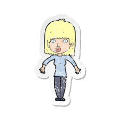 retro distressed sticker of a cartoon woman shrugging