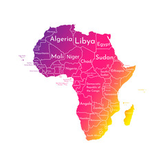 Vector isolated illustration with African continent with borders of all states. Trendy colors political map with countries names. White background. Note: Morocco and Western Sahara shown separately