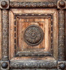 The carved ornament with the figure of a bronze lion in the center at the front door of the State Historical Museum on Red Square in Moscow. Historical landmark of Russian architecture.