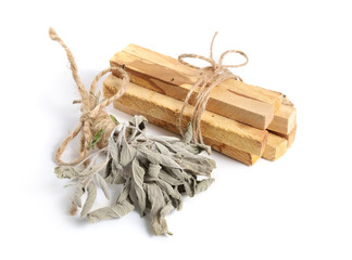 Palo santo, Holy Wood sticks with sage isolated on white background