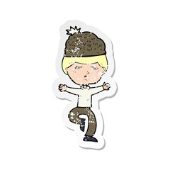 retro distressed sticker of a cartoon man wearing winter hat