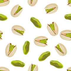 Pistachios seamless pattern on a white background. Vector illustration of nuts and seeds in a flat cartoon style.