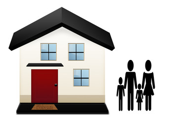 3d house icon with family; home ownership concept