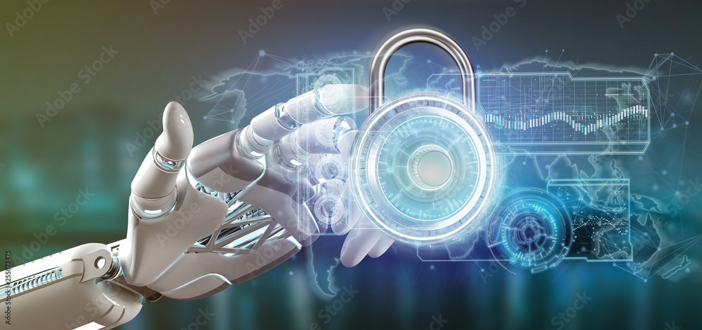 Poster cyborg hand holding a padlock security technology interface 3d rendering