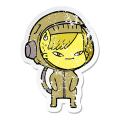 distressed sticker of a cartoon astronaut woman