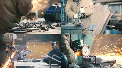 4 in 1: a man working with a grinding machine. fire sparkles