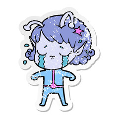 distressed sticker of a cartoon crying alien girl