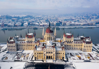 Budapest, Hungary - Aerial view of the Parliament of Hungary on a cold and sunny winter morning
