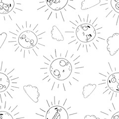 Seamless pattern of cute clouds and sun on white background.