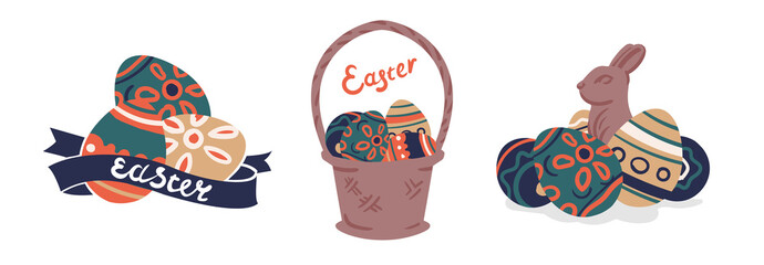 Set Happy Easter eggs, celebration bunny with basket.Vector illustration