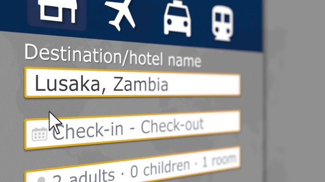 Hotel search in Lusaka on some booking site. Travel to Zambia related 3D animation
