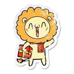 distressed sticker of a happy cartoon lion