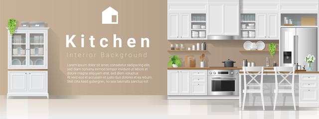Interior background with kitchen in modern rustic style , vector , illustration - obrazy, fototapety, plakaty