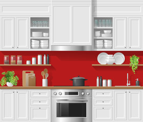 Modern white rustic kitchen with red background , vector , illustration