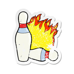retro distressed sticker of a cartoon ten pin bowling sign